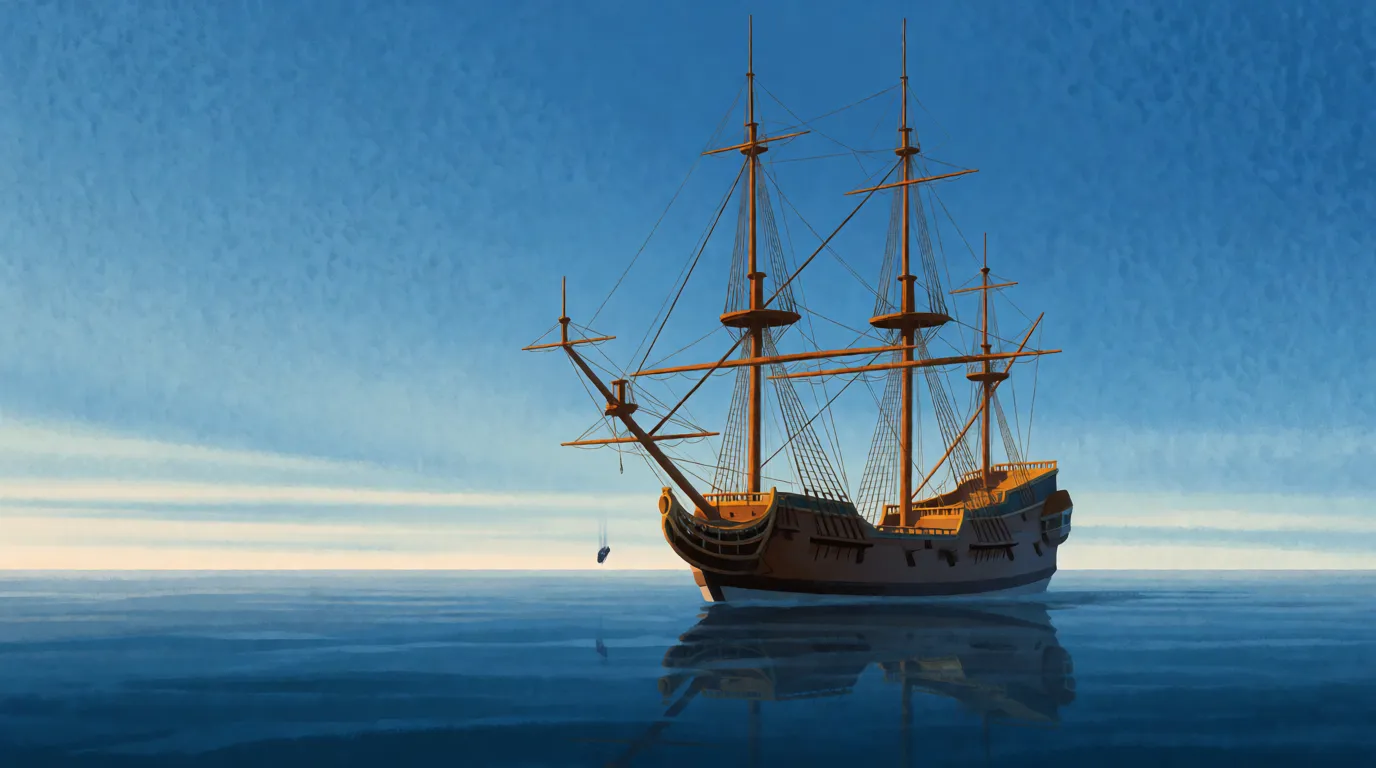 A sailing ship gliding smoothly across calm water with a small object falling from the top of the mast toward its base
