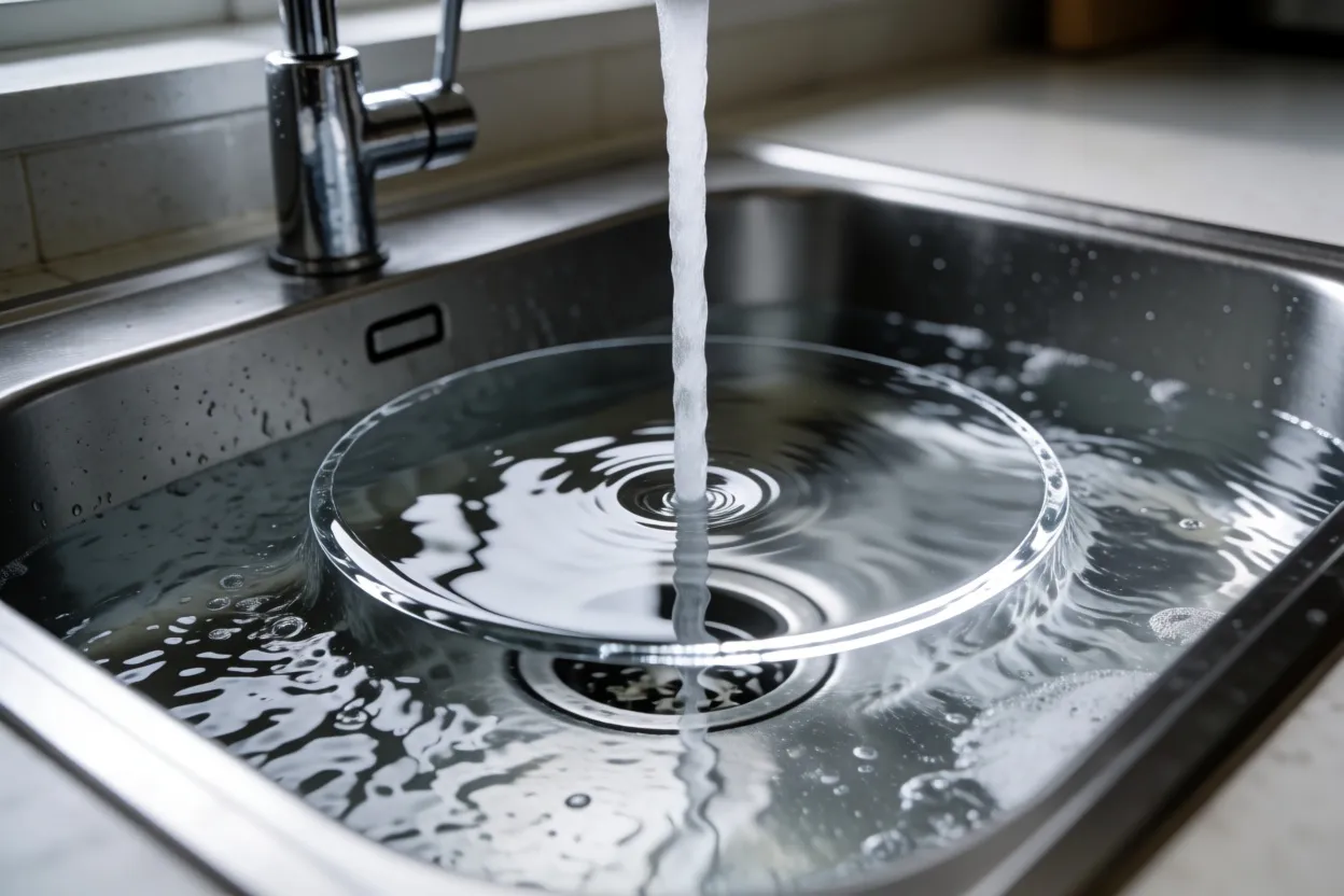 Looking down into a steel sink where falling water spreads out and forms a sharp bright ring