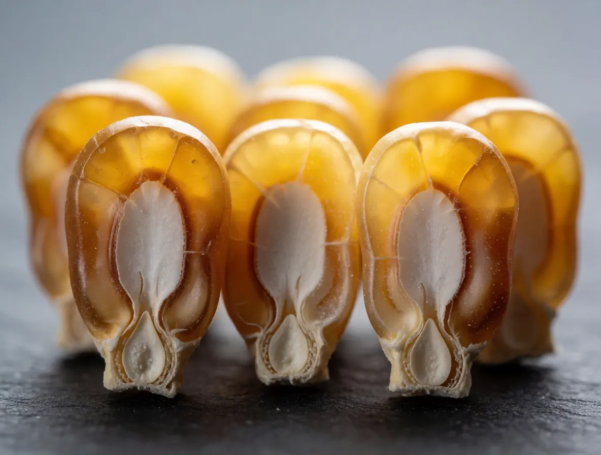 Maize kernels sliced in half, showing a translucent amber outer layer around a chalky white center