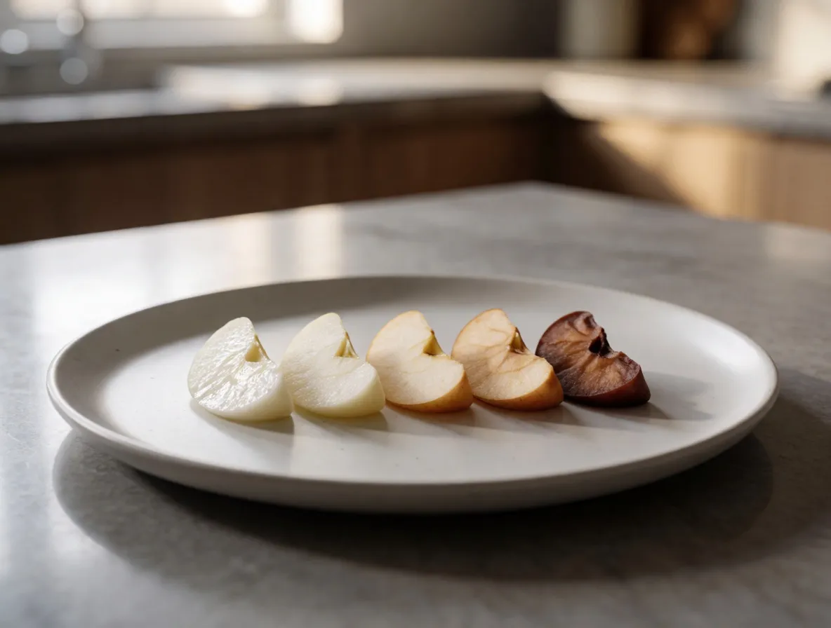 A photograph of five apple slices arranged on a white plate, browned to five clearly different shades