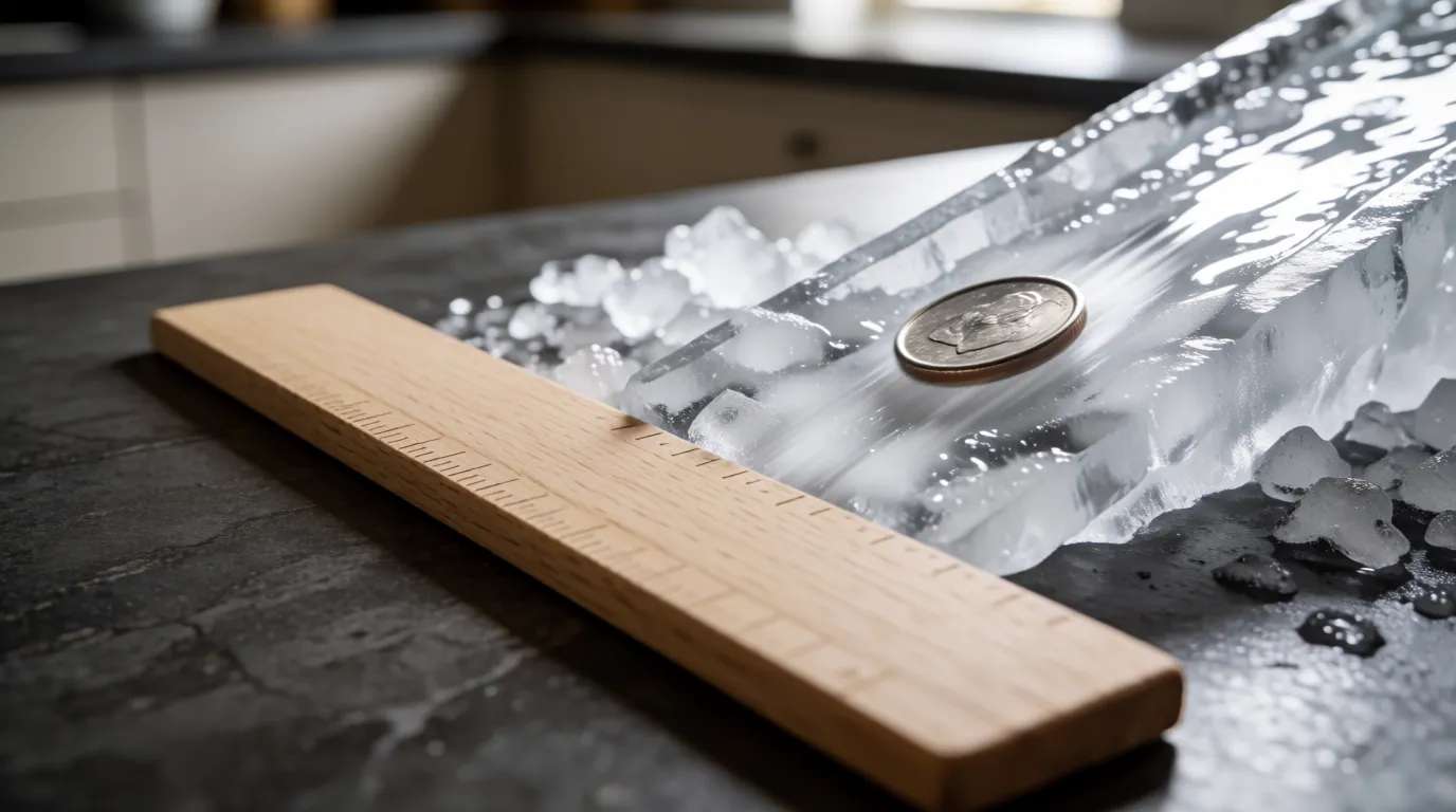 A photograph of a coin sliding down a sloped tray of ice with a ruler laid beside it
