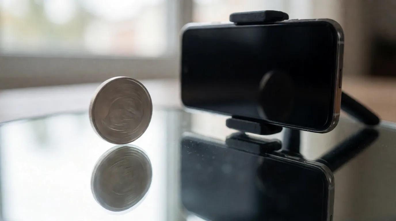 A photograph of a coin spinning on a mirror with a phone on a small tripod filming it from the side
