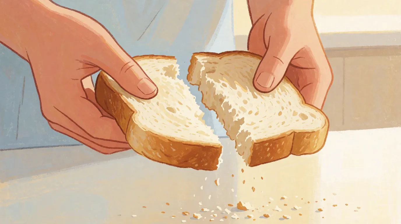 A close view of hands bending a slice of bread that has cracked across the middle instead of folding
