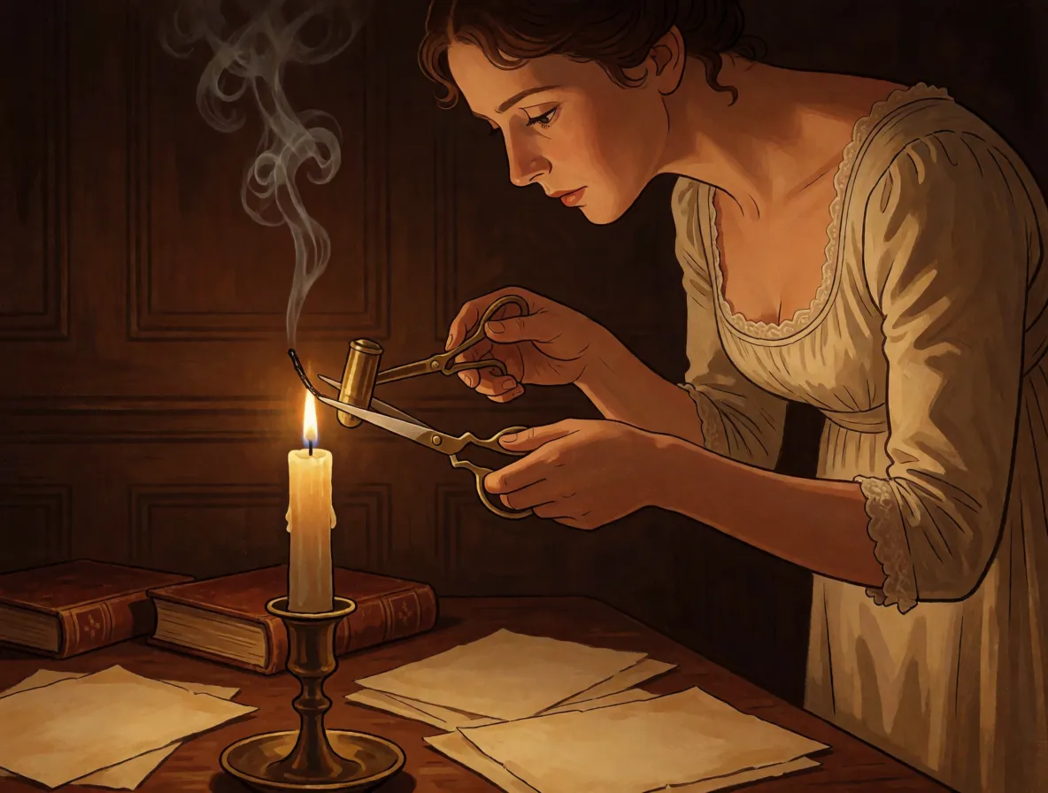 A woman in Georgian clothing trimming the wick of a tall candle with scissor shaped snuffers in a dim panelled room