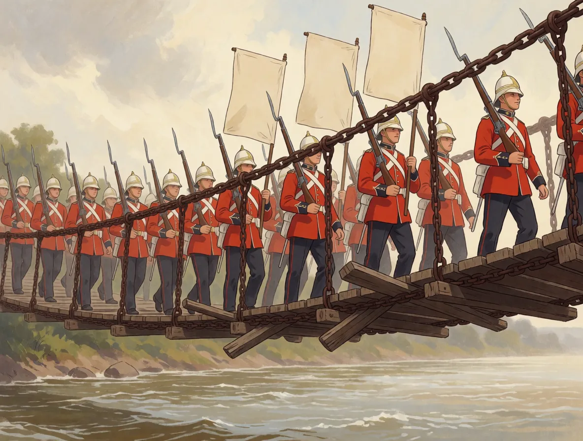 Victorian soldiers in column crossing a narrow suspension bridge that is visibly buckling