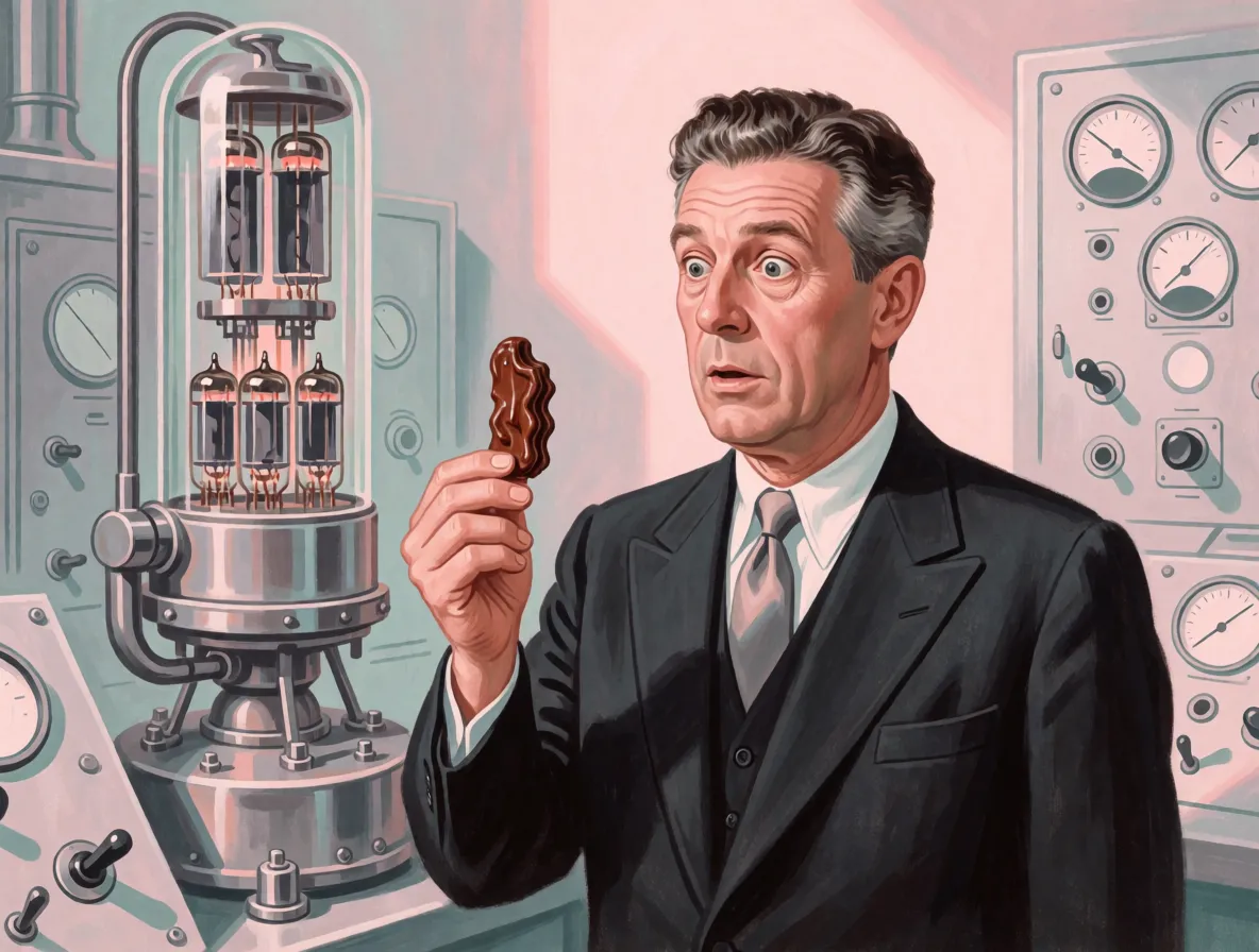 A 1940s engineer in a lab coat looking with surprise at a melted chocolate bar beside radar equipment