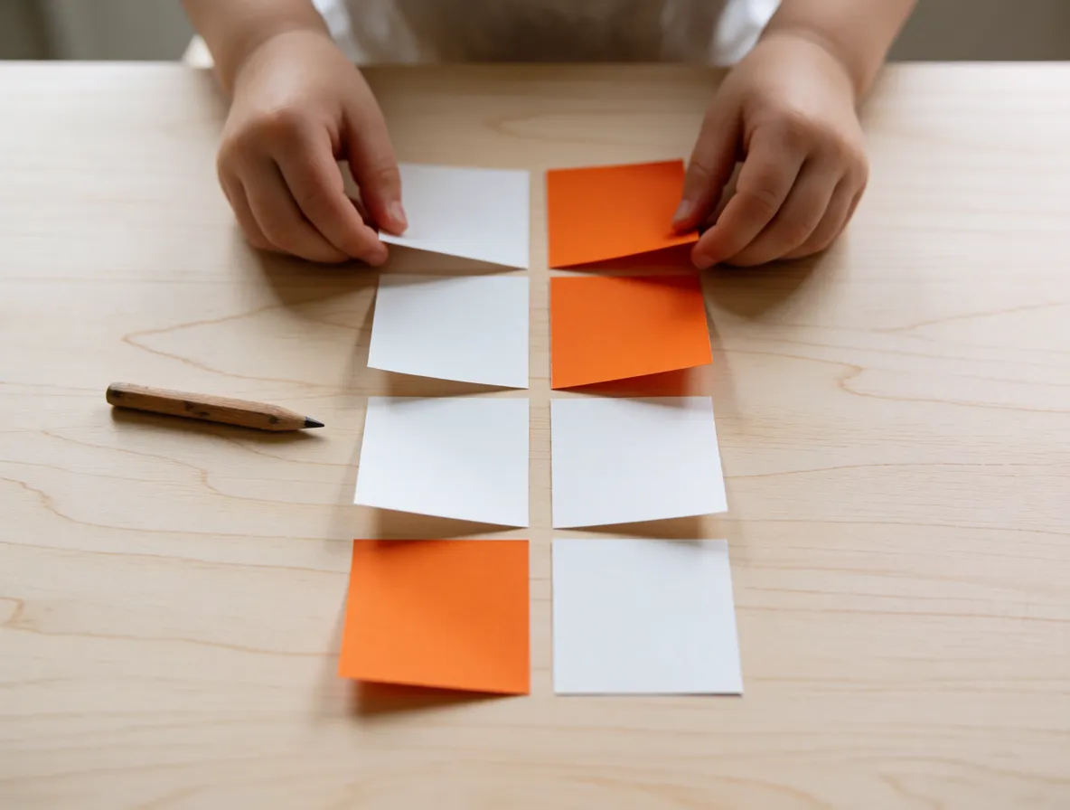 A child’s hands laying out small paper squares on a table, orange side up and white side up