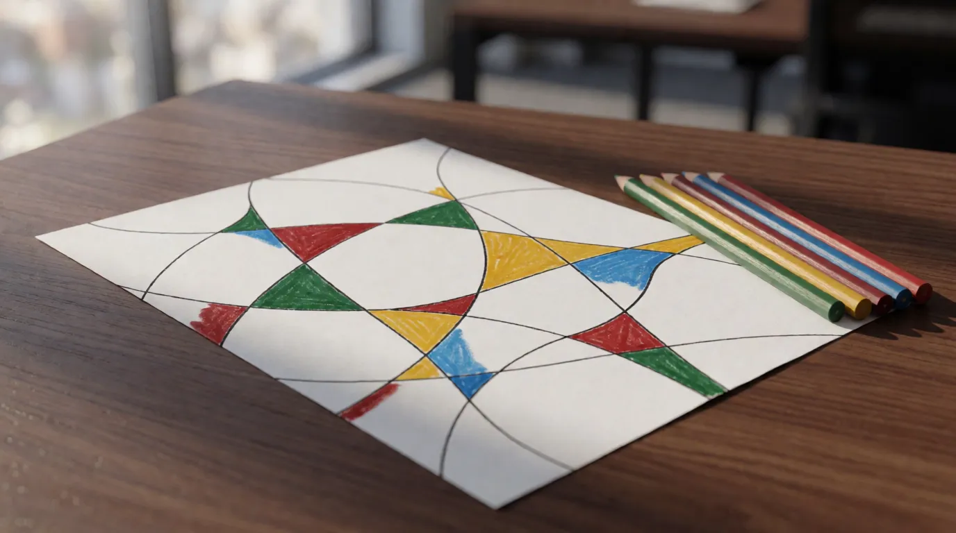 A photograph of a hand-drawn map of wandering crossing lines on paper, partly colored in with four colored pencils