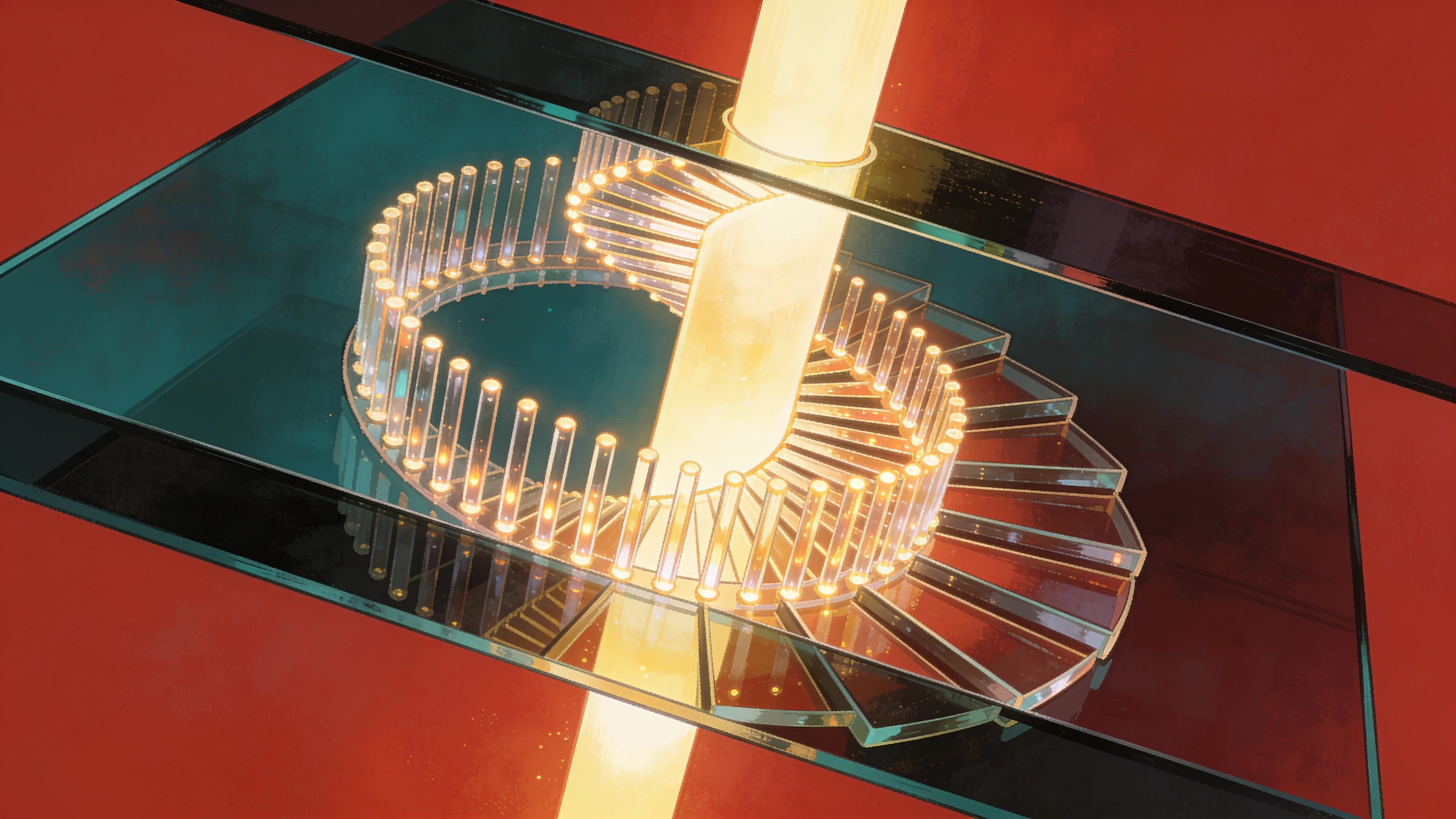 A painted close-up of light rising through a spiral of glowing rods between two dark sheets of glass