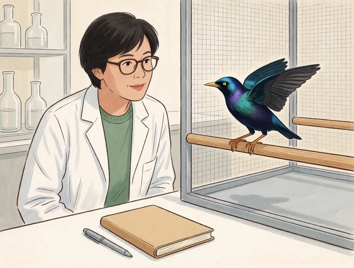 A researcher in a laboratory watching a starling settle onto a horizontal wooden perch inside a large cage