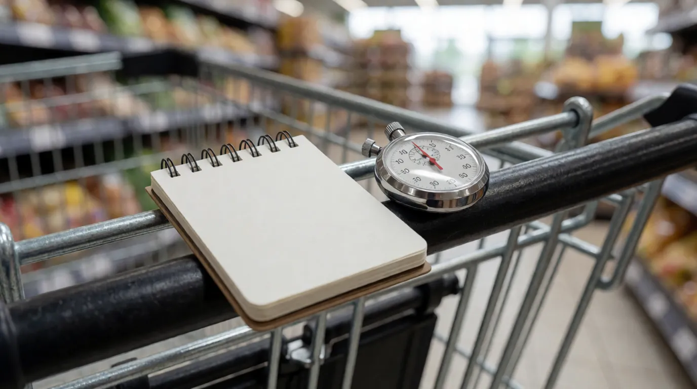 A photograph of a small notebook and a stopwatch resting on the handle of a shopping trolley