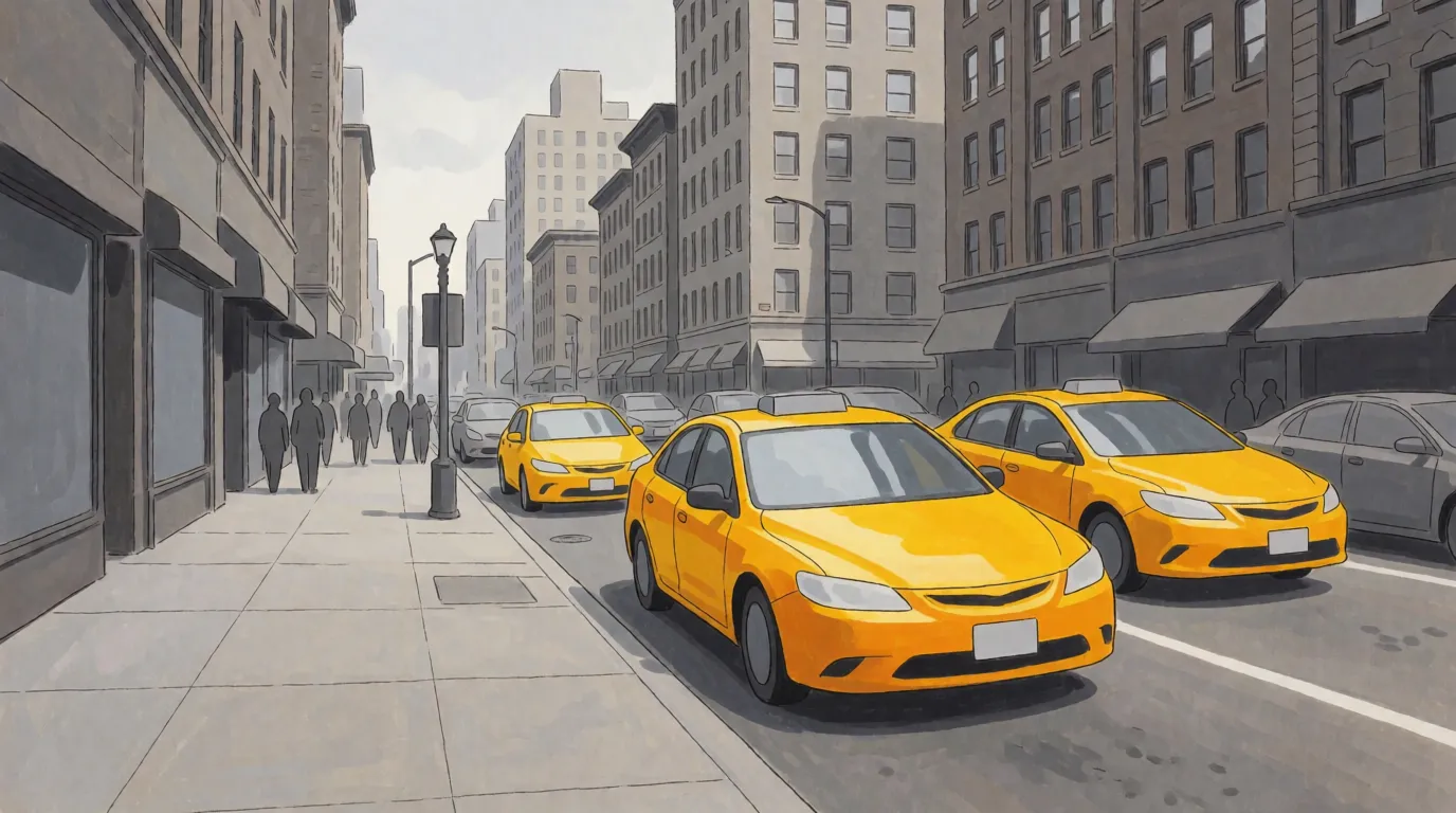 A busy street scene painted so that several yellow cars stand out sharply while everything else is muted