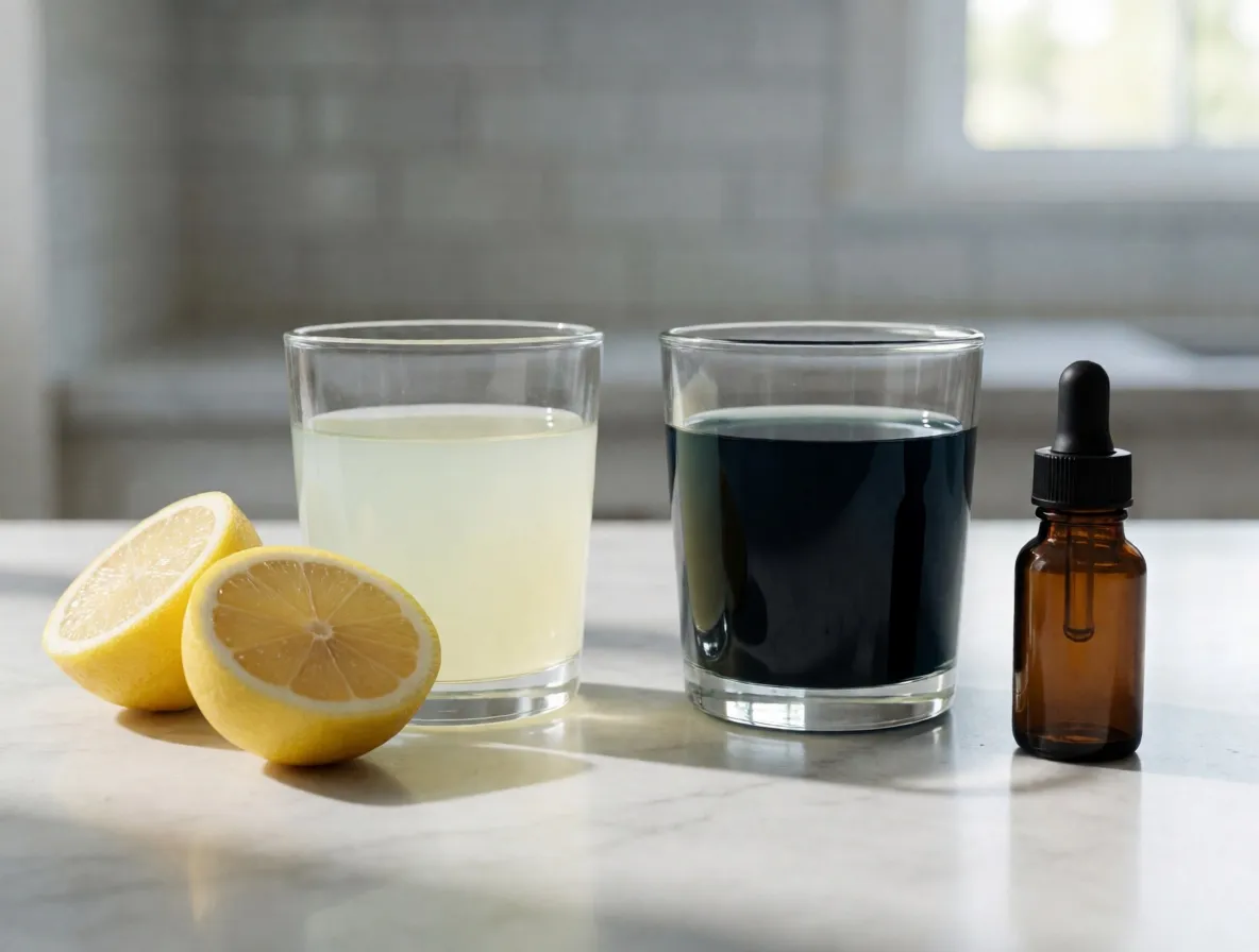 Two glasses of cloudy liquid, one pale and one dark blue-black, beside cut lemons