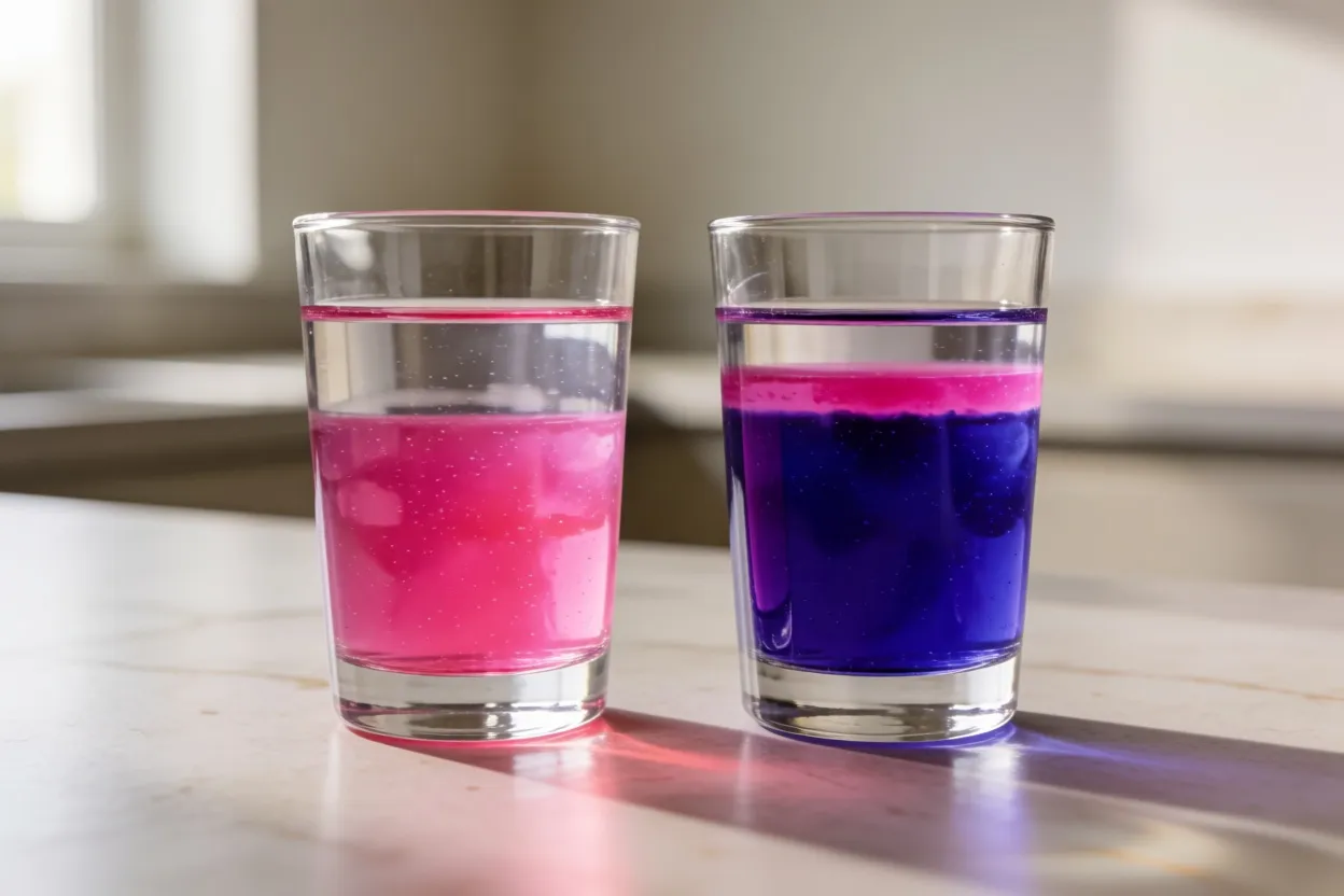 Two glasses of purple gel, one pink throughout, the other pink only at the top
