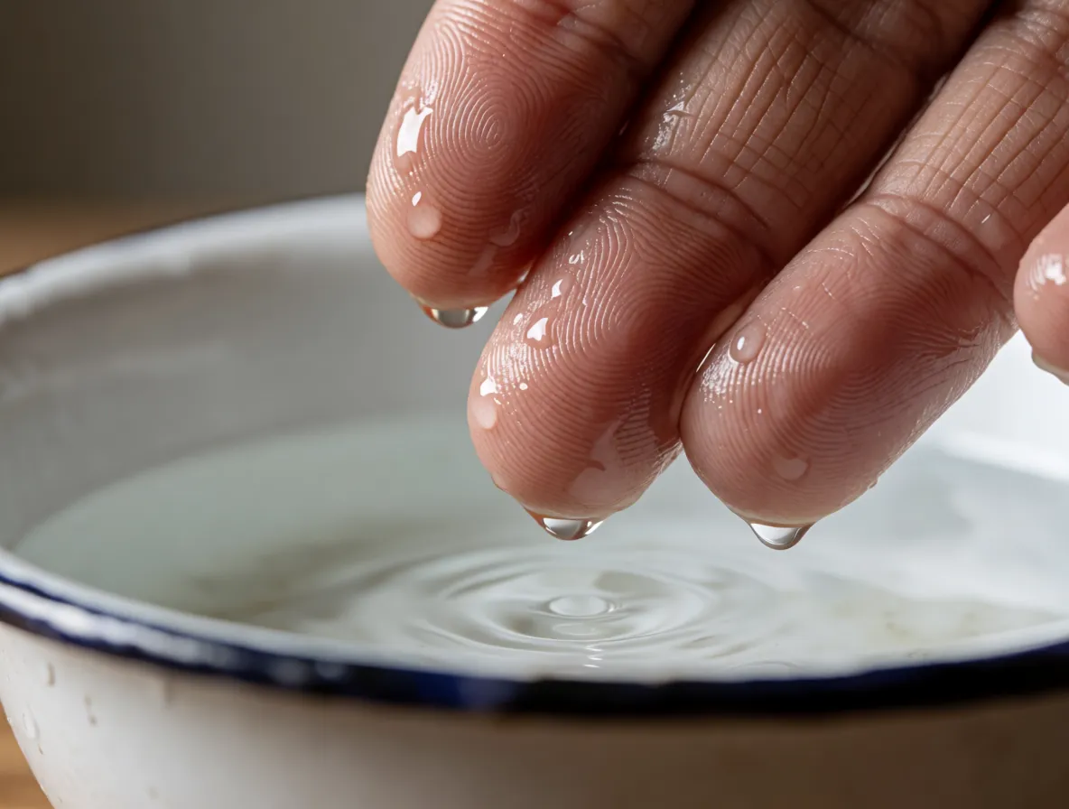 A photograph of wet fingertips suspended just above the surface of water in a white enamel bowl, with droplets falling