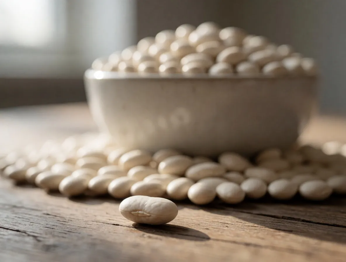 A photograph of one dried bean in focus on a wooden table with an overflowing bowl of beans behind it