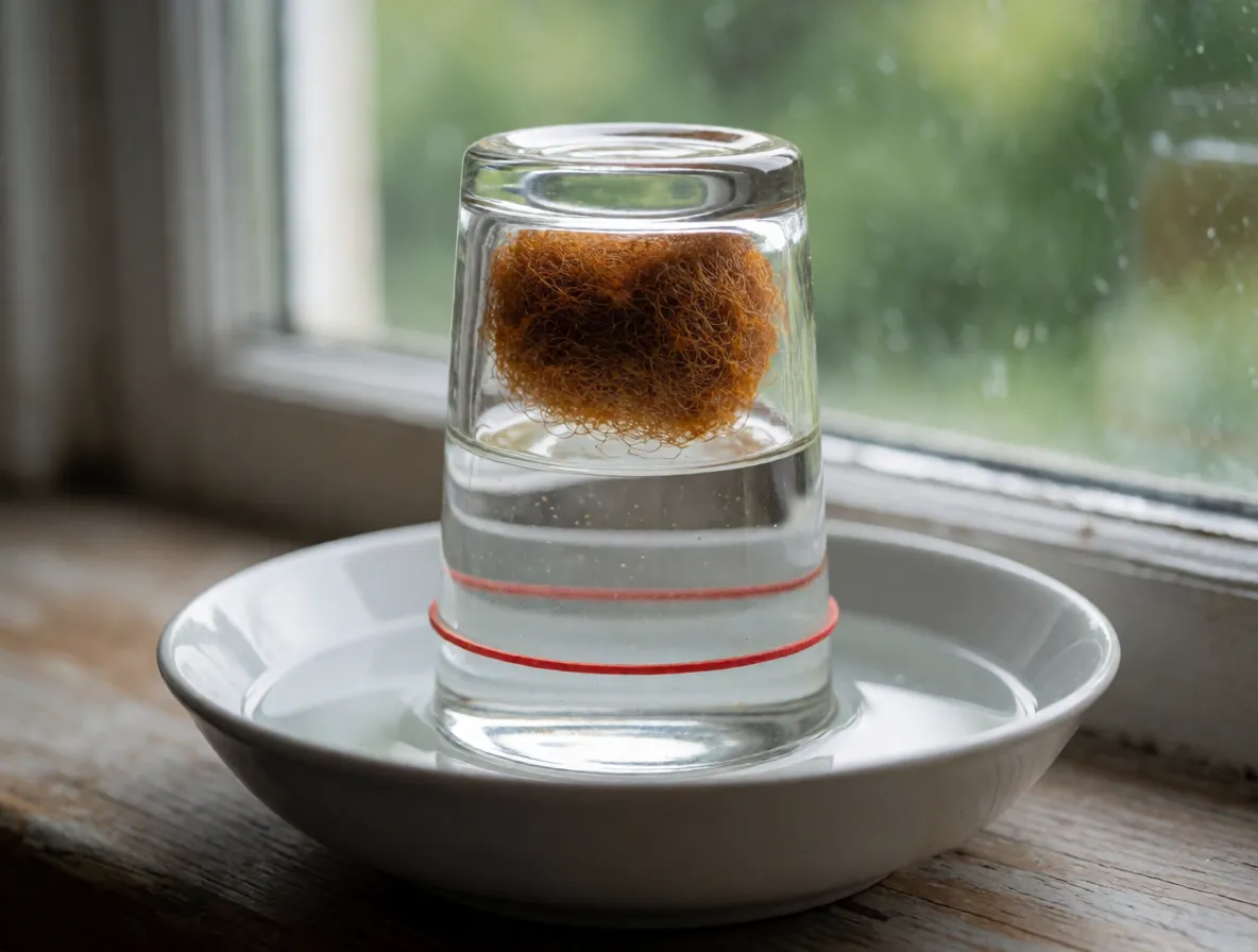 A photograph of an upside-down glass in a bowl of water, rusty steel wool inside