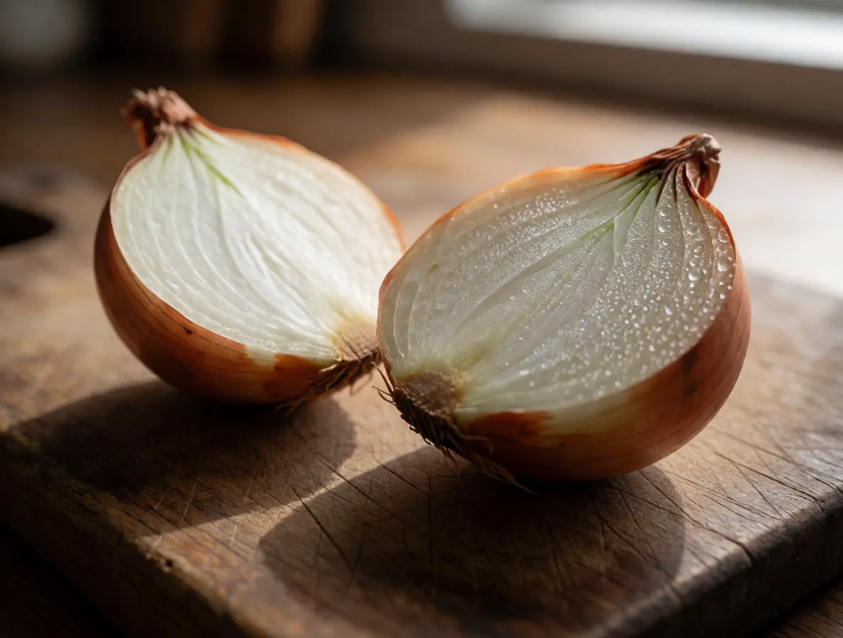 A photograph of two onion halves on a wooden board, one of them beaded with condensation from the fridge
