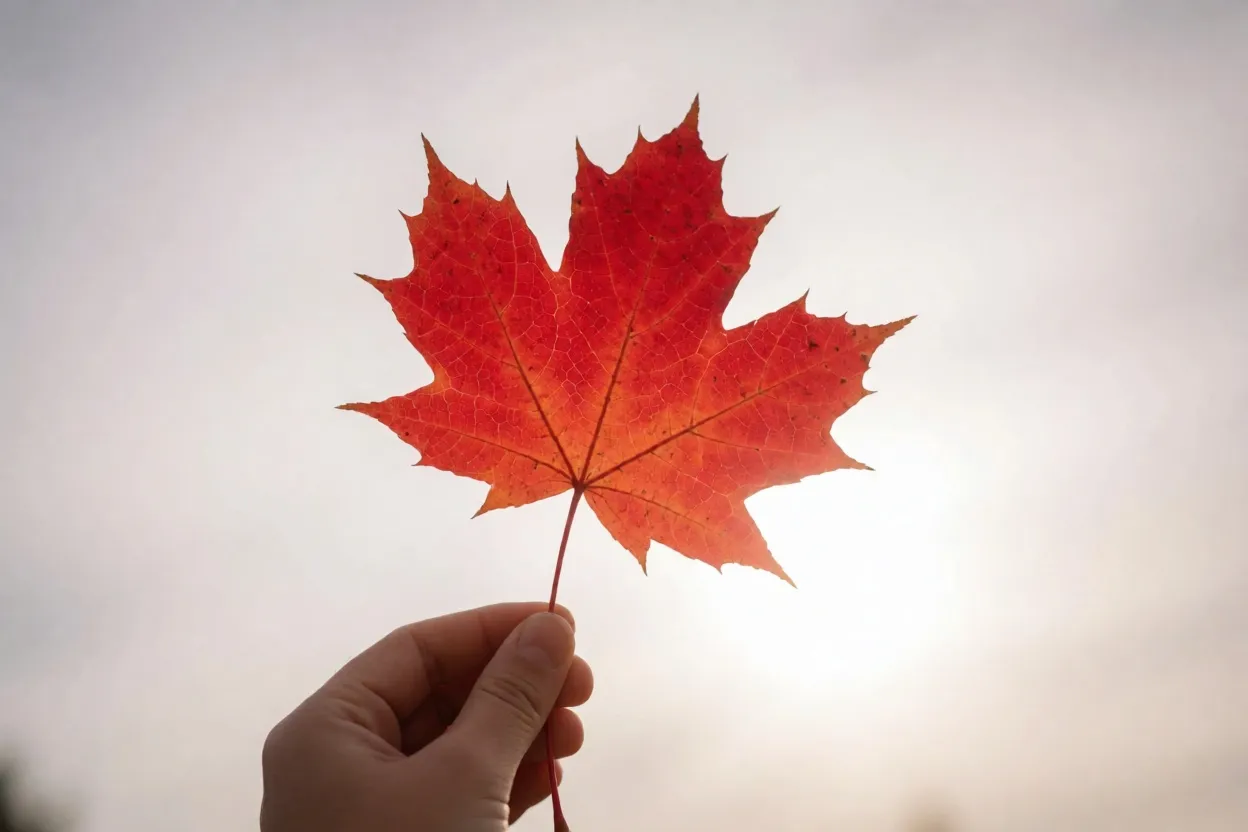 A hand holding a scarlet maple leaf up against bright sky