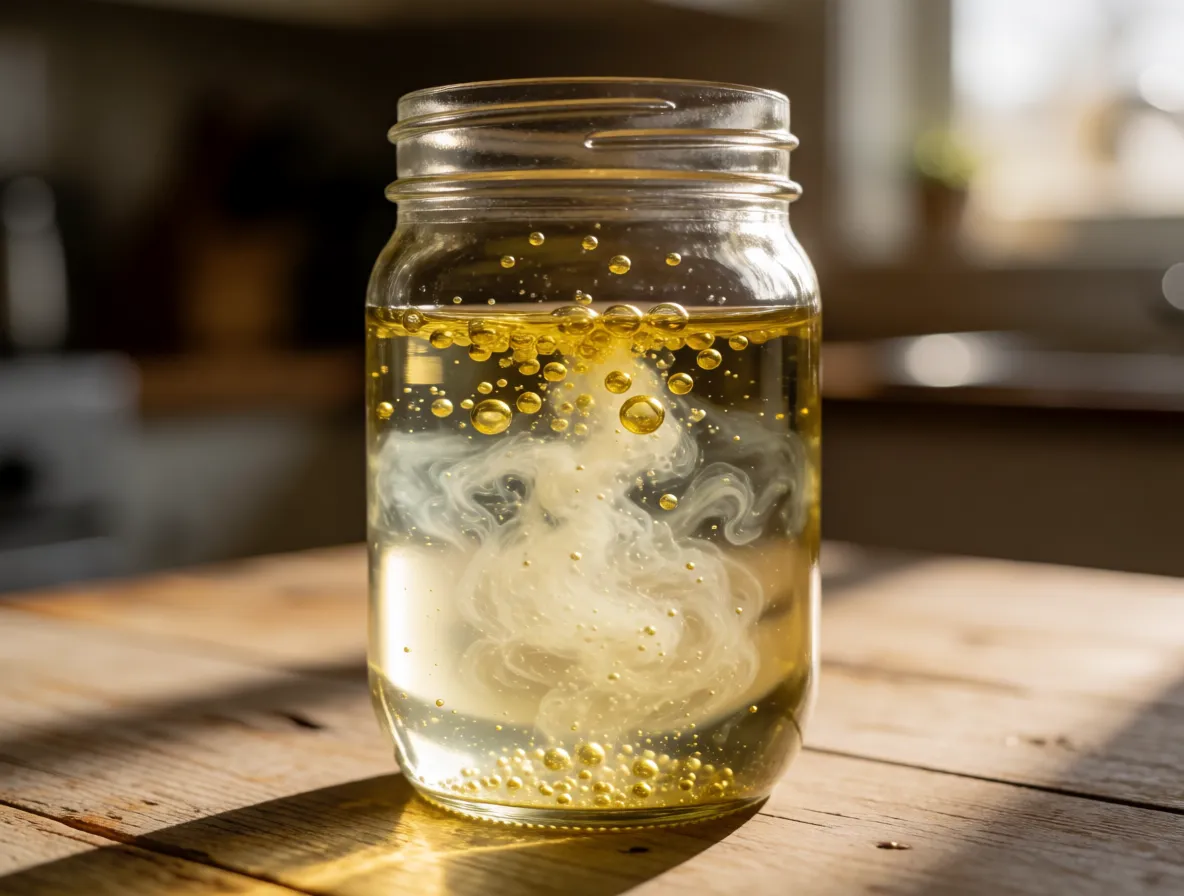A photograph of a glass jar of water and cooking oil moments after shaking, a milky cloud in the middle and golden beads rising
