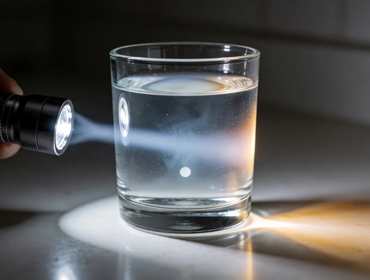 A flashlight shining sideways into a glass of faintly milky water, the beam glowing pale blue inside