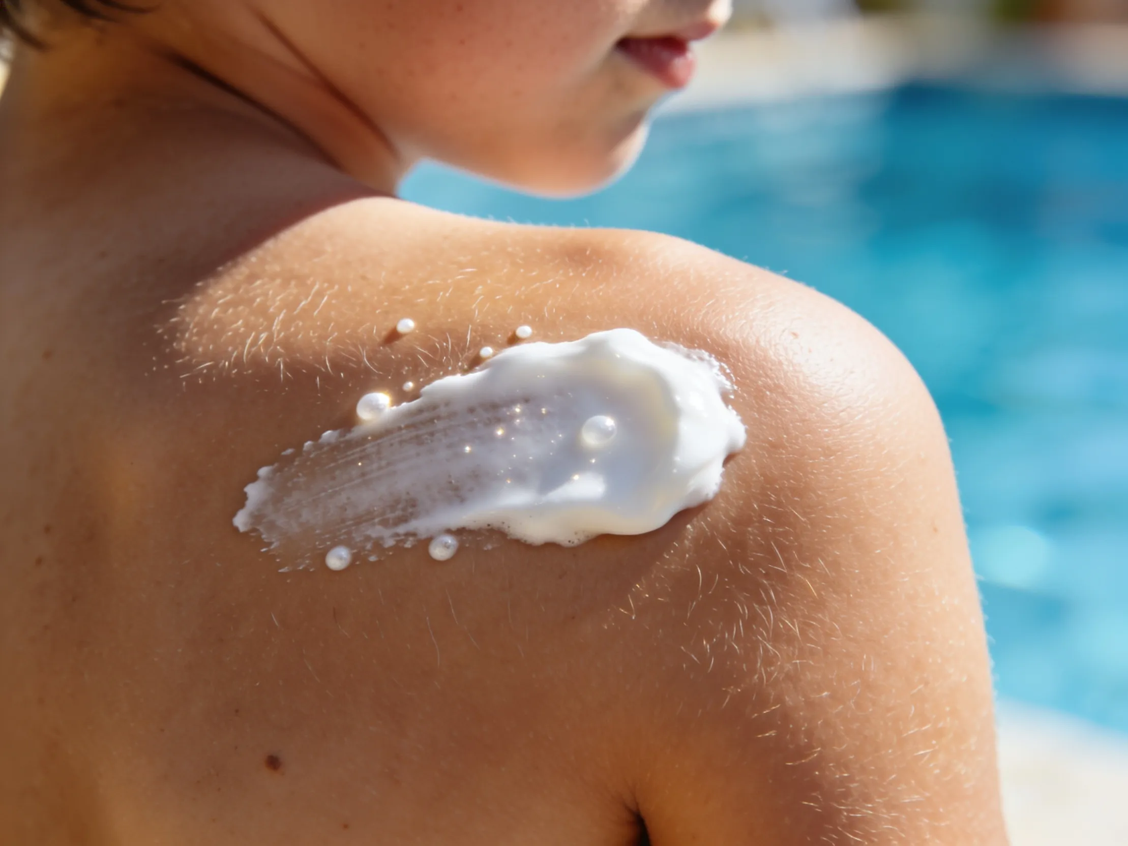 A close-up photograph of a white smear of sunscreen half rubbed into a child's shoulder in sunlight