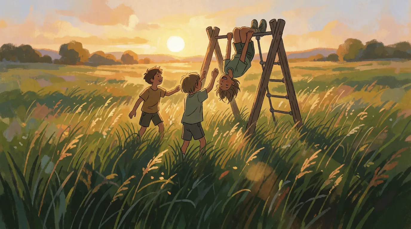 Children on a long summer afternoon in a field, one of them upside down on a climbing frame