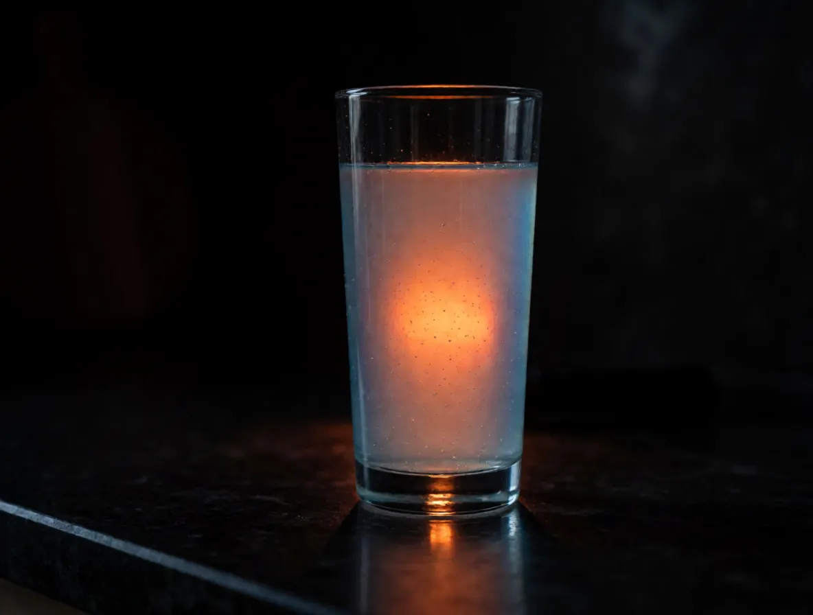 A glass of faintly milky water lit from behind by a flashlight, glowing orange like a sunset