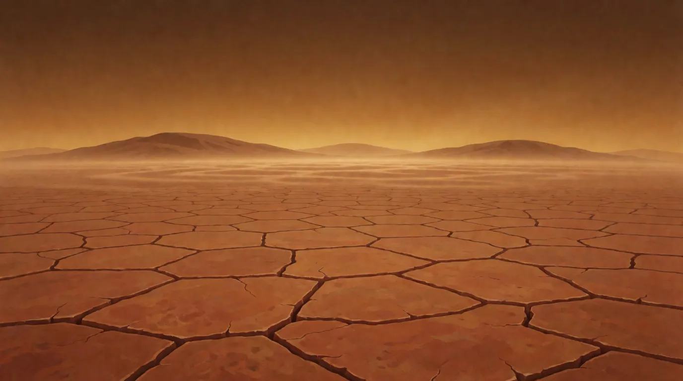 A painted orange rocky plain under a glowing amber sky