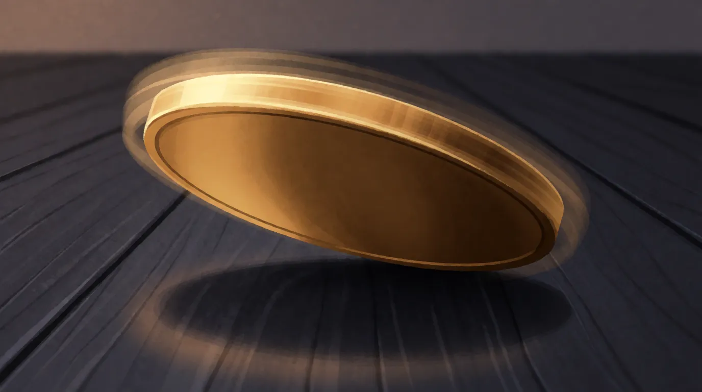 A coin spinning on a wooden table caught at a low tilt, blurred with motion