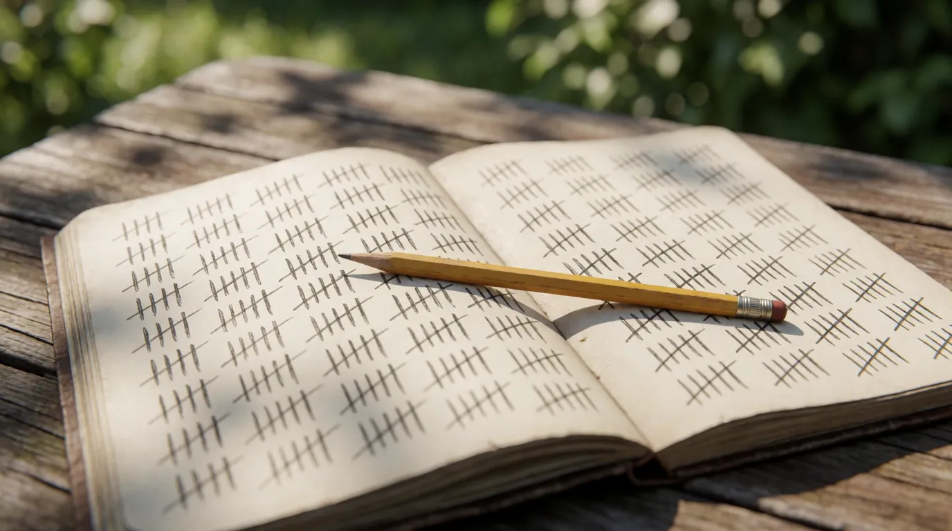 A photograph of a notebook page covered in five-bar tally marks beside a pencil on a garden table