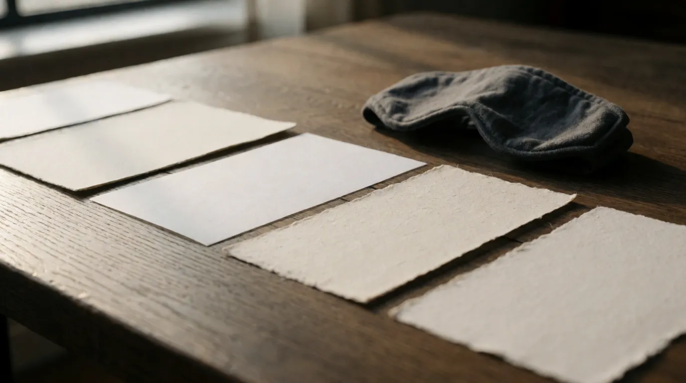 A photograph of five sheets of different paper laid out in a row on a table beside a blindfold