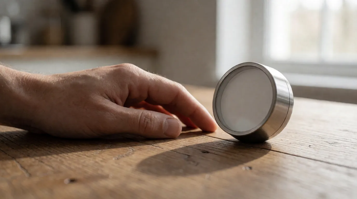 A photograph of a hand resting on a wooden table beside a small round kitchen timer with a plain blank face