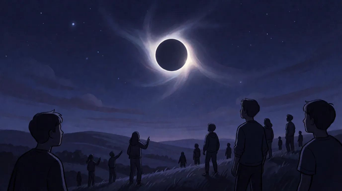 A black disc covering the Sun with a pale glowing crown streaming outward around it against a dark sky