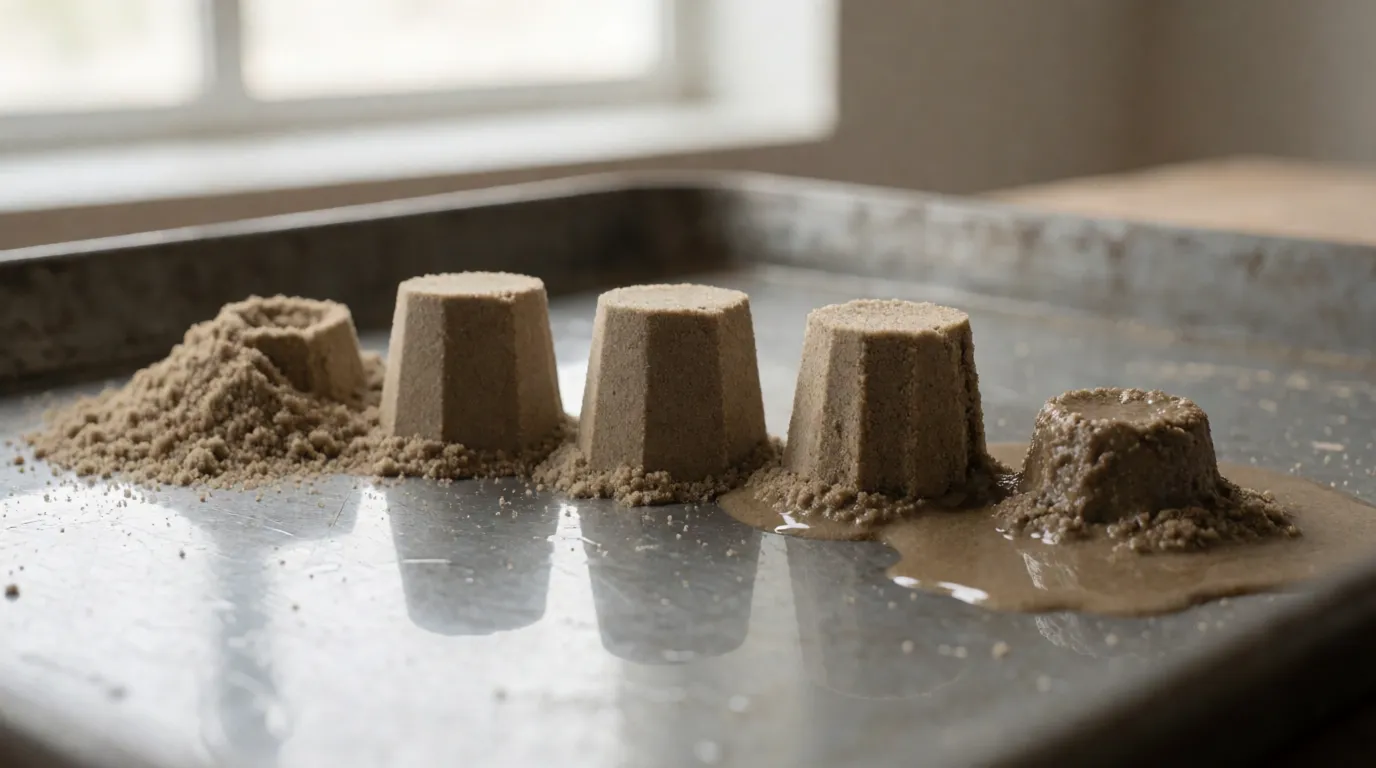 A photograph of five small turned-out sand towers in a row on a tray, in varying states of collapse