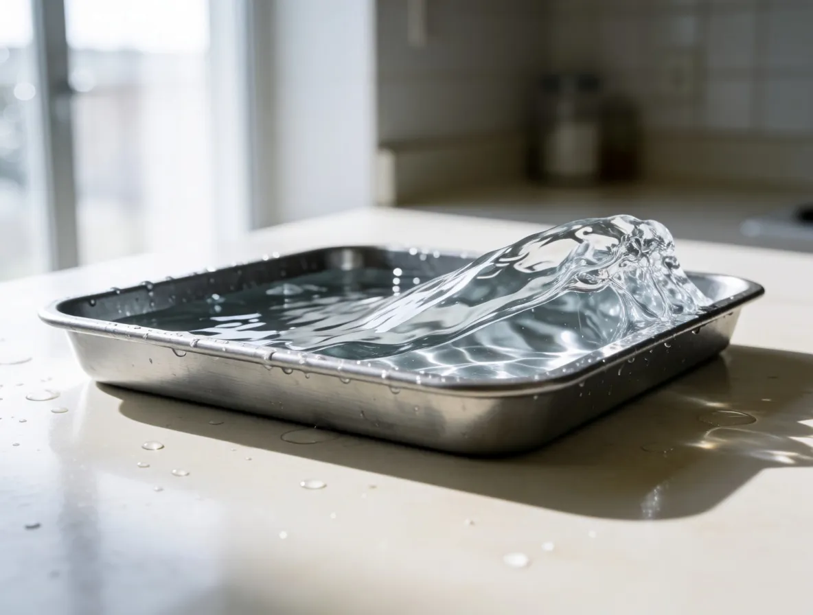 A shallow metal baking tray of water on a kitchen counter, the water risen into a standing wave
