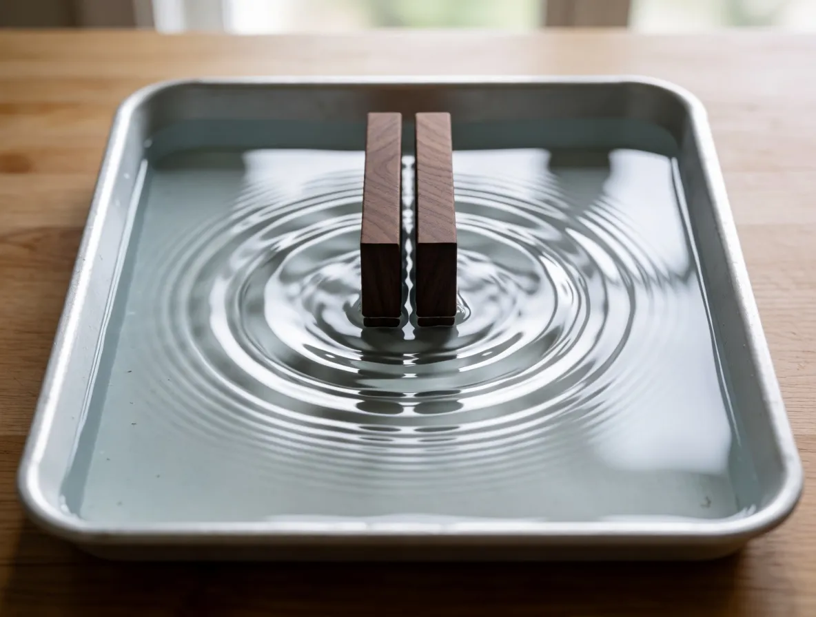 A tray of water with two upright blocks forming a narrow gap, ripples spreading through it
