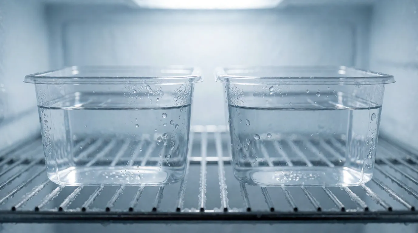 A photograph of two identical containers of water side by side on a wire freezer shelf