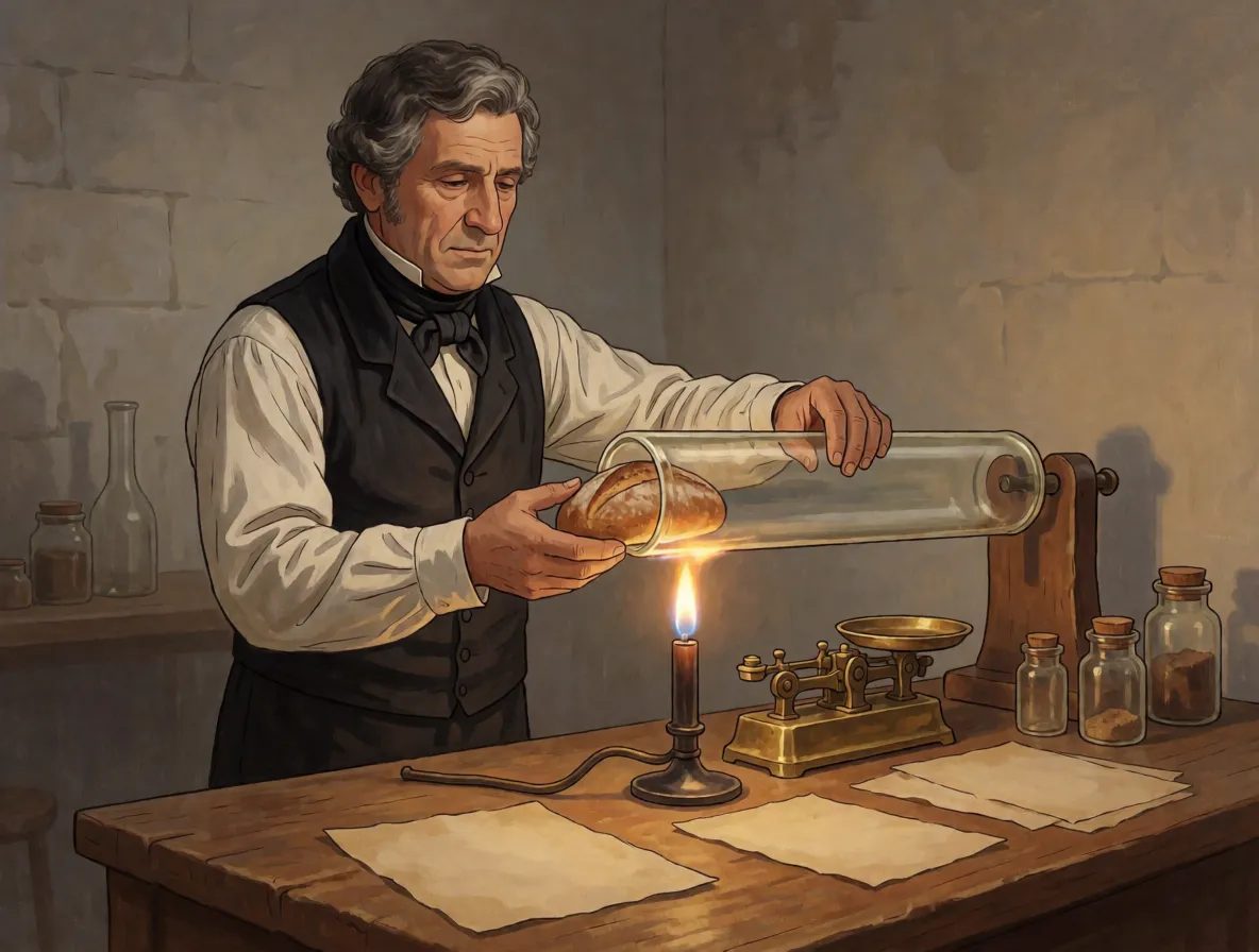A man in eighteen fifties clothing sealing a loaf of bread inside a large glass tube over a flame in a plain workroom