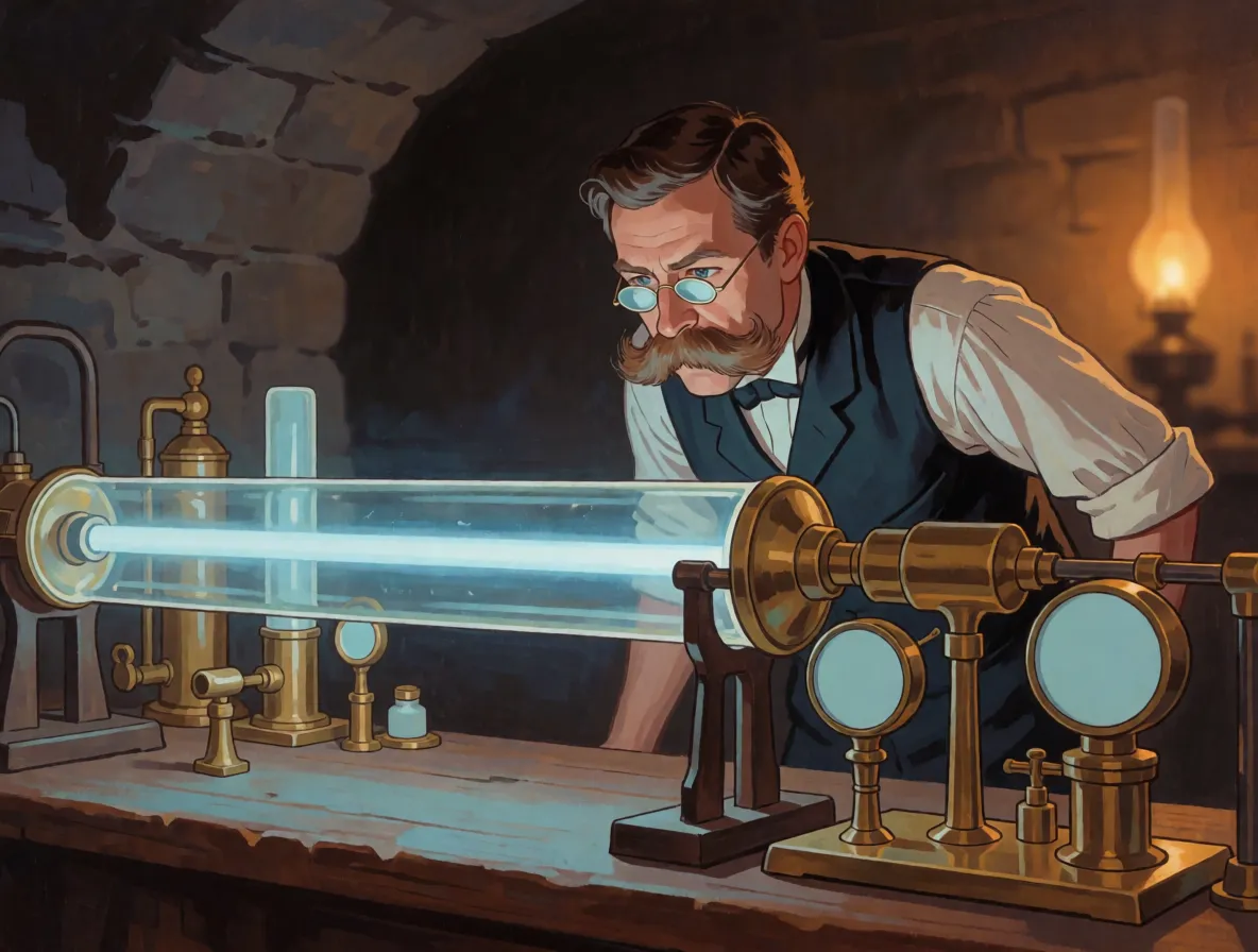A Victorian scientist in a basement laboratory observing a long glass tube glowing blue along a beam of light