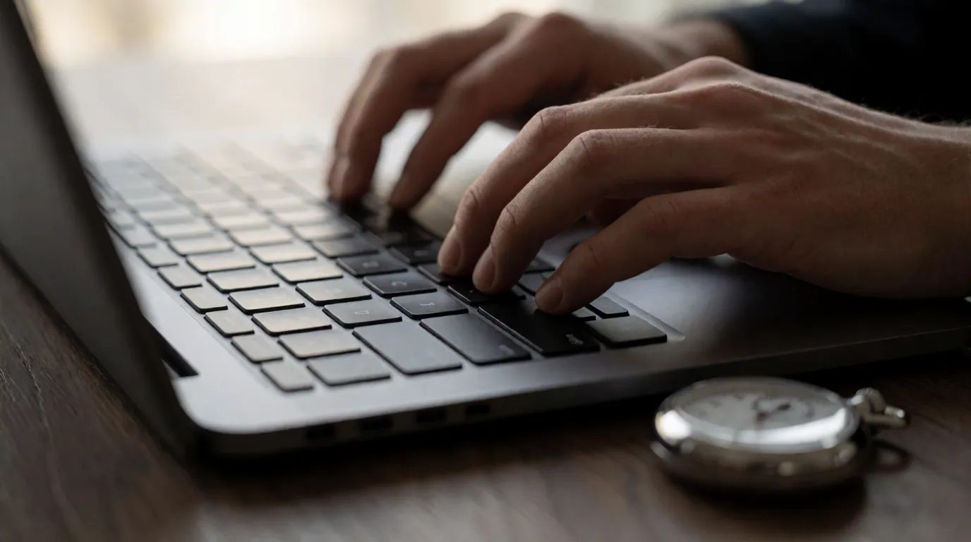 A photograph of two hands resting on a laptop keyboard with a stopwatch on the desk beside them