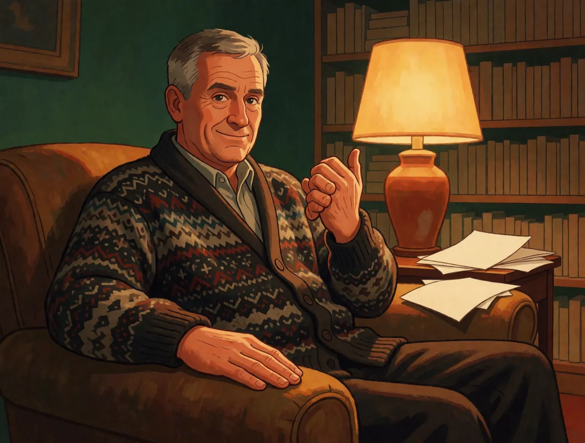 A man in his sixties sitting in an armchair cracking the knuckles of his left hand while his right hand rests flat on the arm of the chair