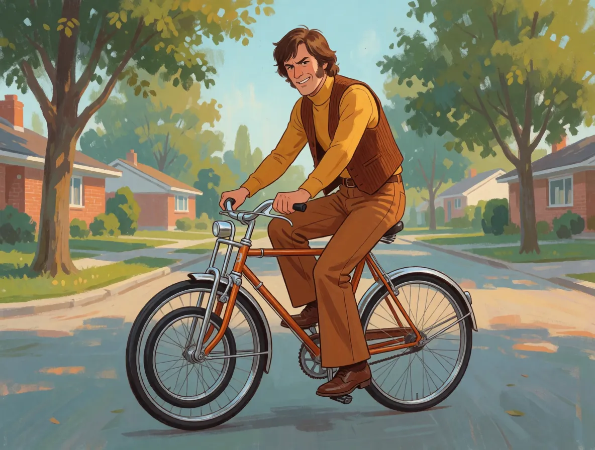 A researcher in nineteen seventies clothing riding a bicycle fitted with an extra wheel mounted beside the front wheel