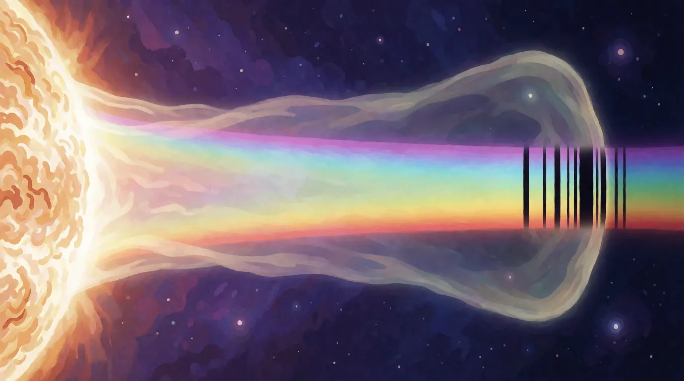 A painted cross-section of a star's edge, with a ribbon of rainbow light streaming out through a pale hazy layer and black stripes appearing across it