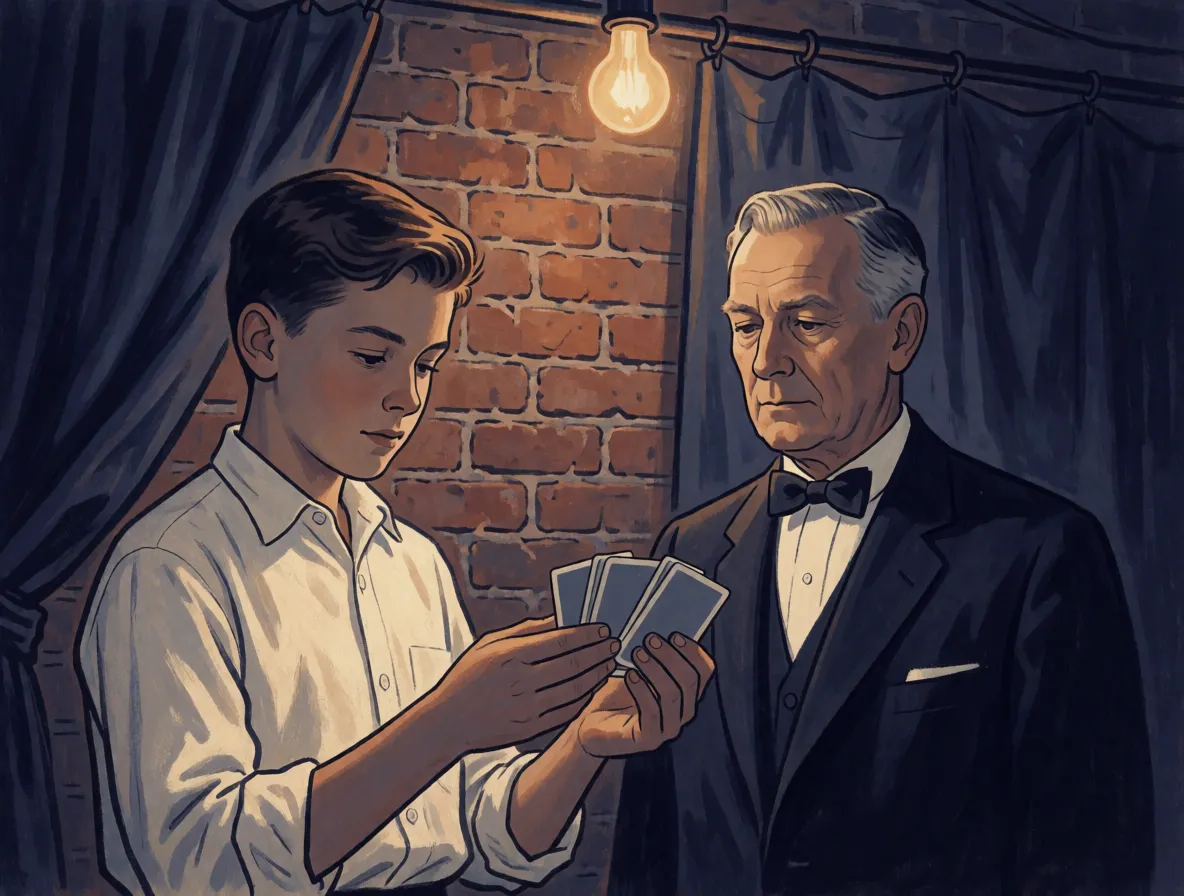 A teenage boy practicing card sleights backstage beside an older magician in a dark suit