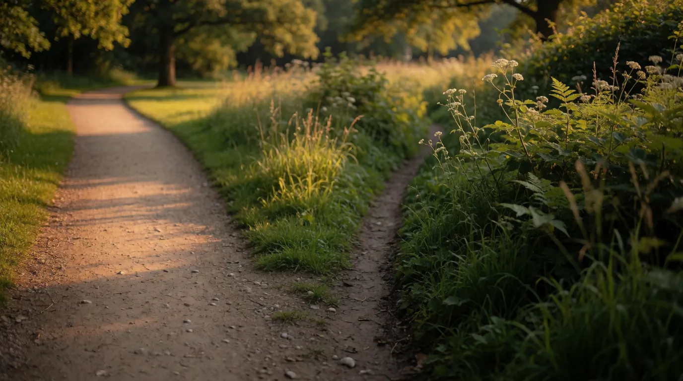 A photograph of two footpaths diverging in a park, one worn and familiar and one overgrown