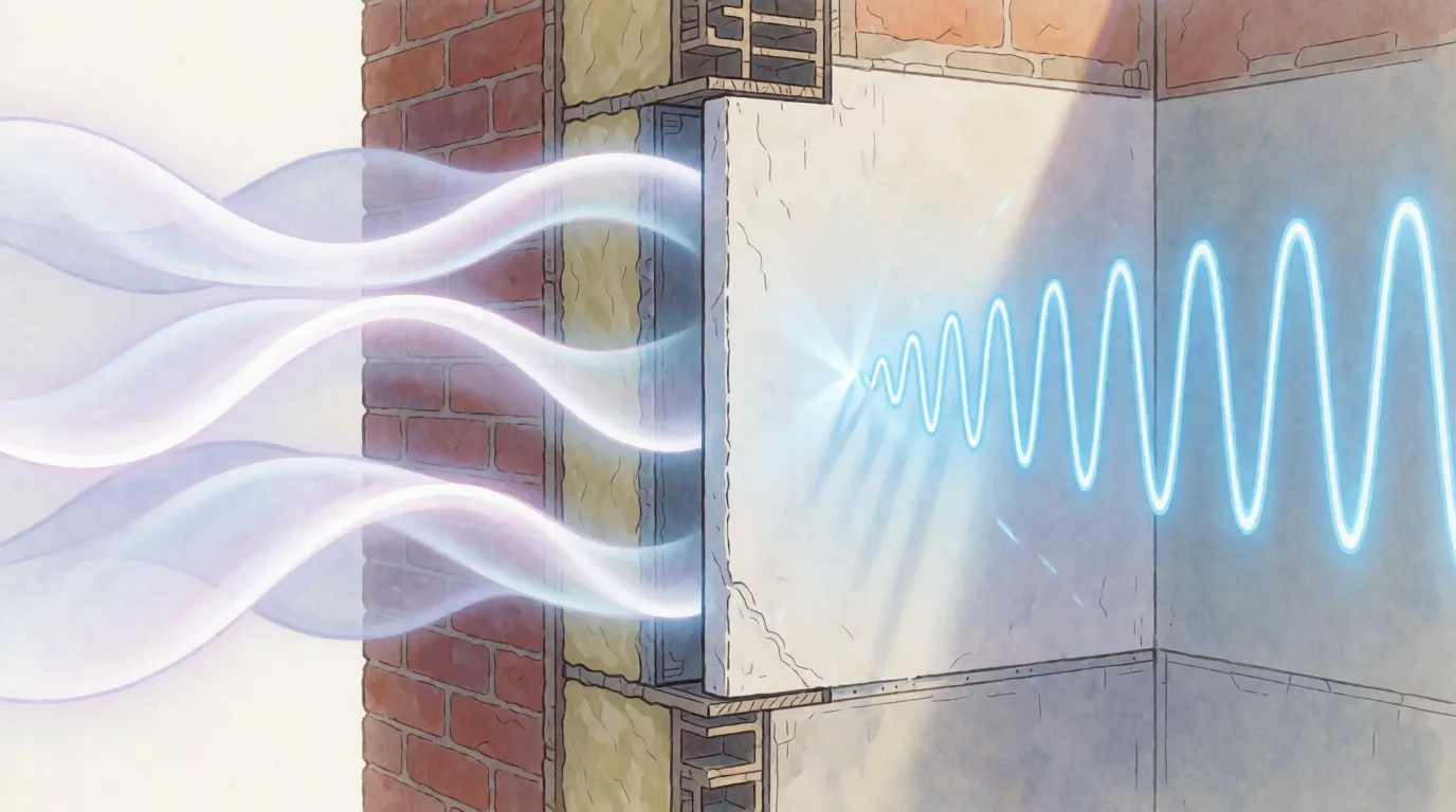 A cutaway view of a house wall with long wifi waves passing through it and short light waves bouncing off the surface