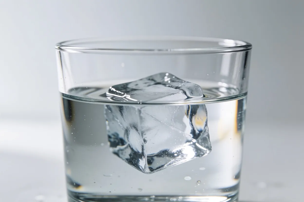 A clear ice cube floating in a glass of water, photographed level with the surface