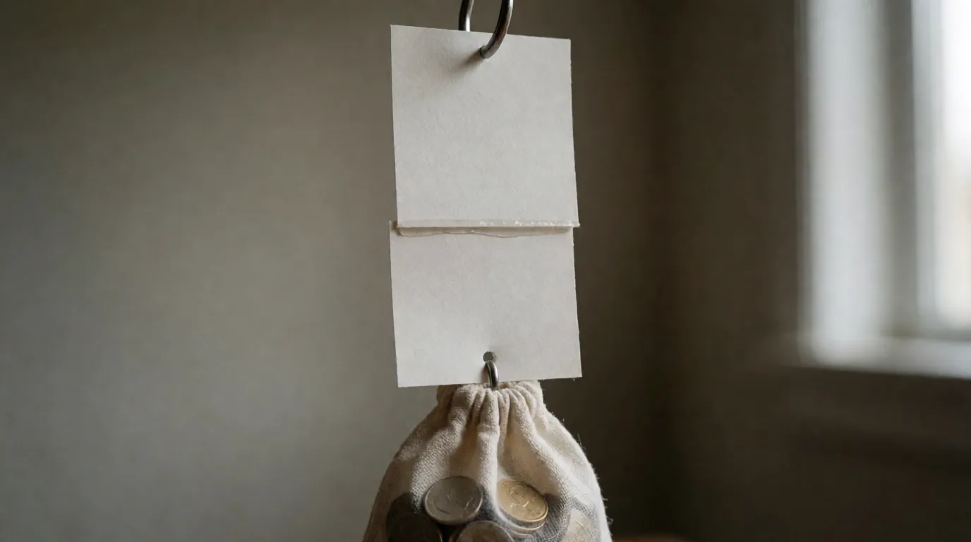 A photograph of a glued card join hanging from a hook with a small bag of coins suspended from it