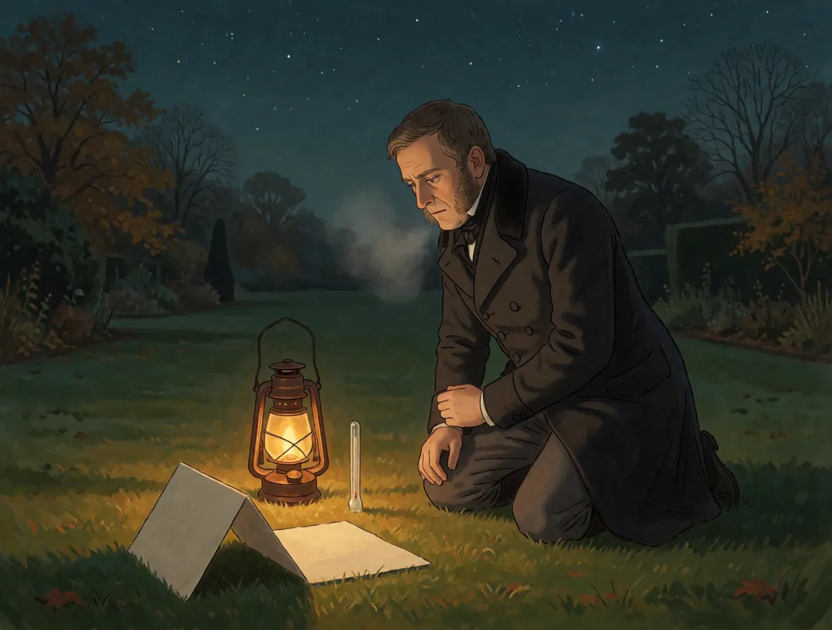 A man in a dark coat kneeling on a lawn at night beside a lantern and a folded card